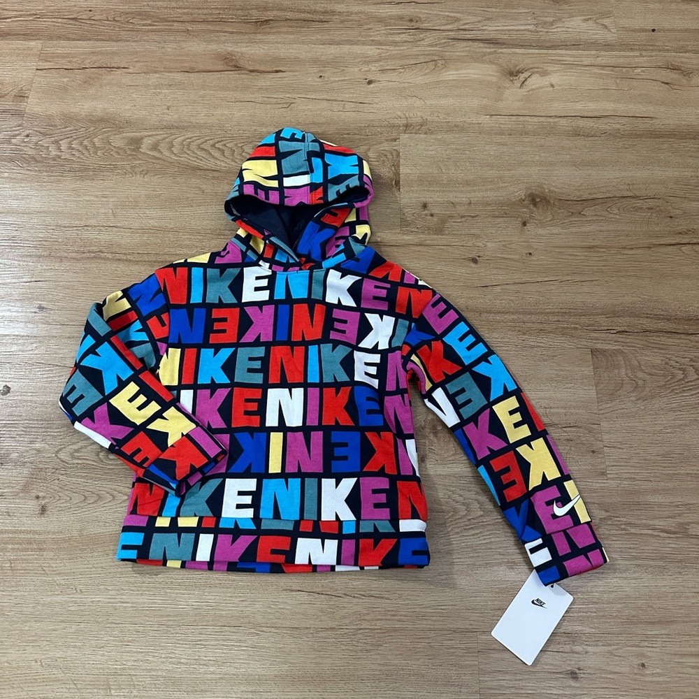 Nike Girls Obsidian Multi-Color Logo All Over Print Hoodie 6X 36K427-695 NWT